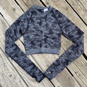 Gymshark Adapt Camo Seamless Crop Top Long Sleeve Black Gray Thumbholes XS